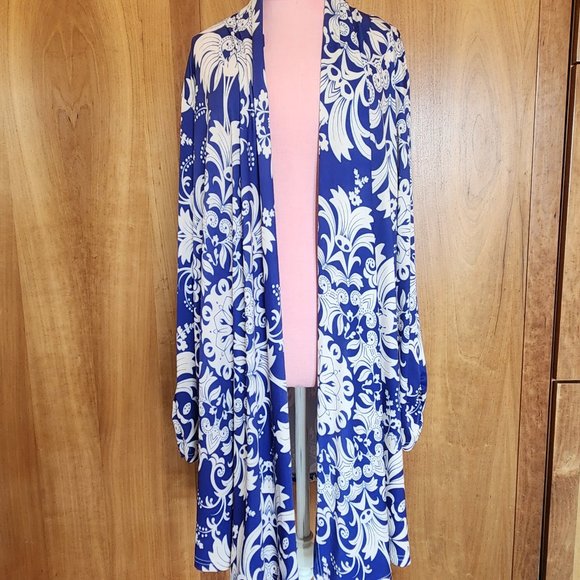 Lily Navy and Beige Damask Ruched Open Cardigan Sz 1X - Picture 2 of 7